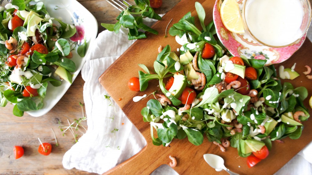 Salade met veldsla en Hollandse garnaaltjes