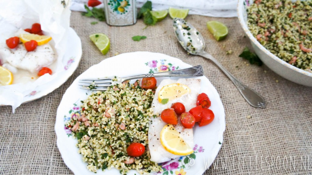 Tabouleh met Hollandse garnalen en kabeljauw