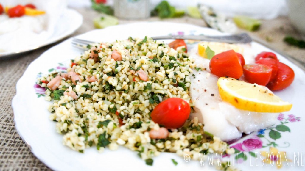 Tabouleh met Hollandse garnalen en kabeljauw