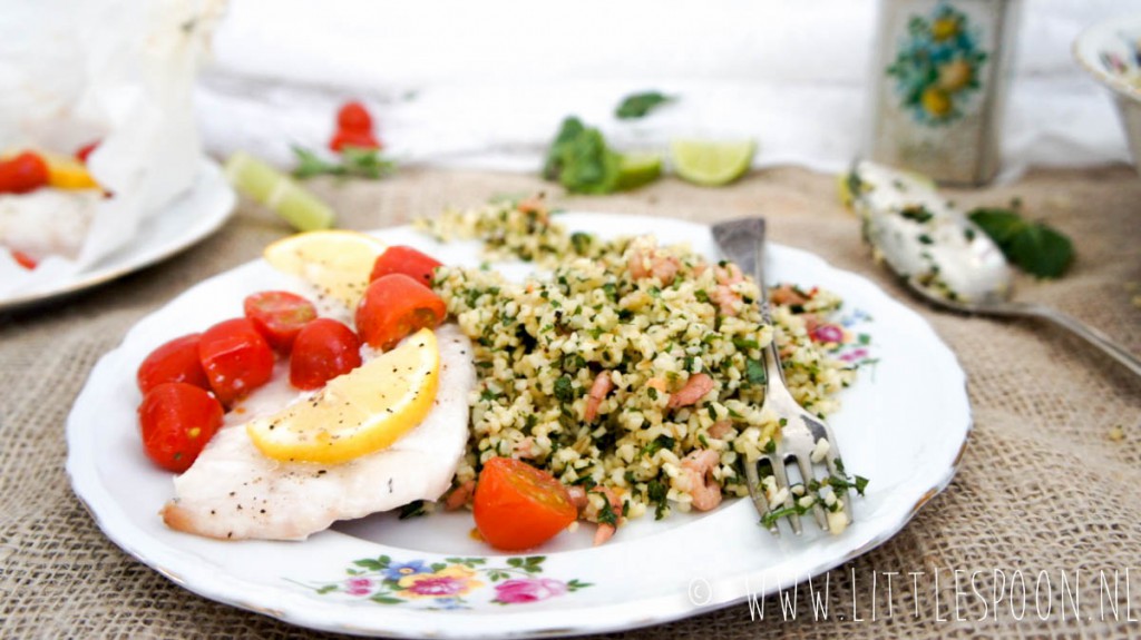 Tabouleh met Hollandse garnalen en kabeljauw