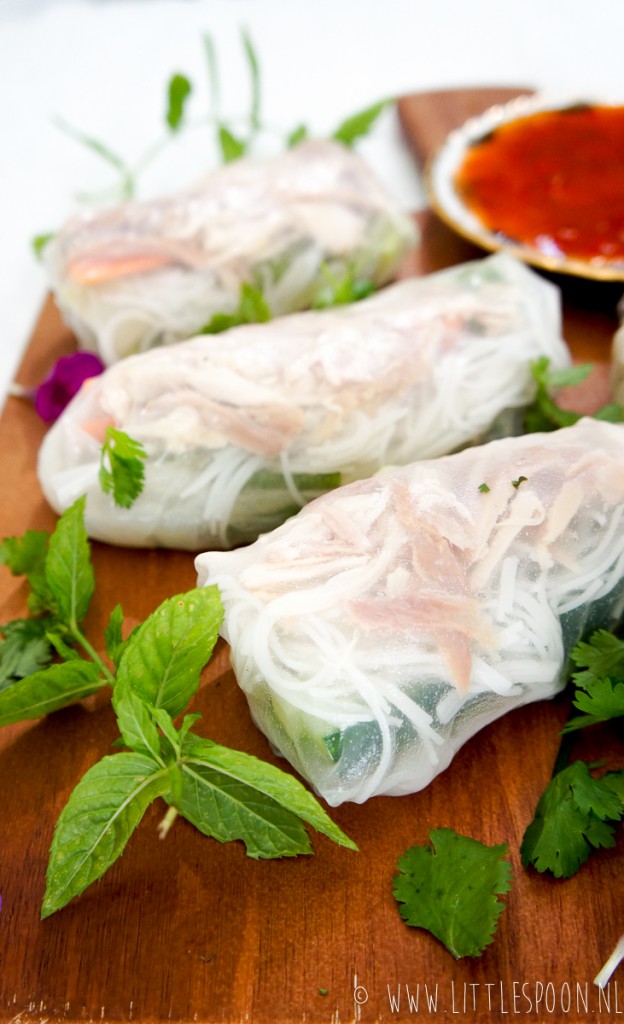 Springrolls met geplozen kip