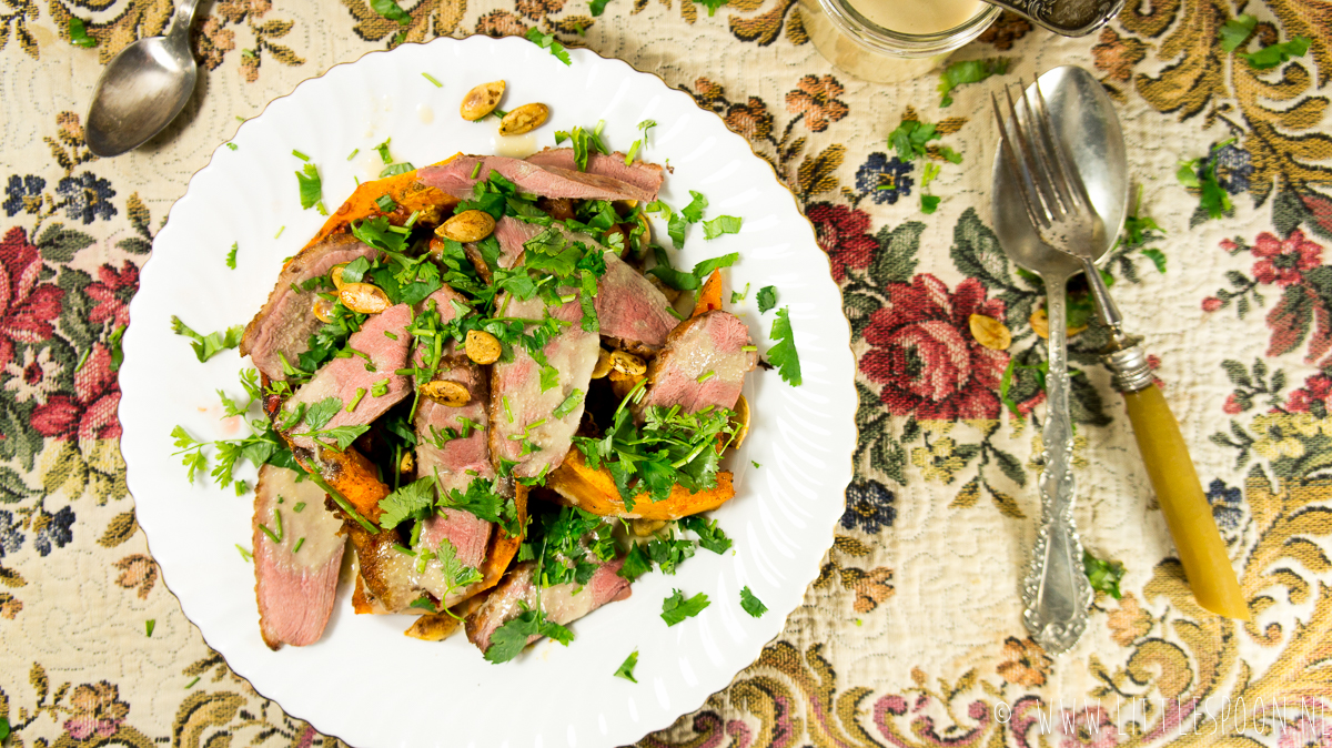 Salade met eendenborst en pompoen