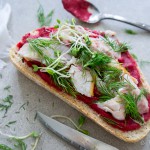 Boterham met bietenhummus en forel