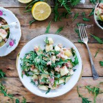Aardappelsalade met spekjes en rucola