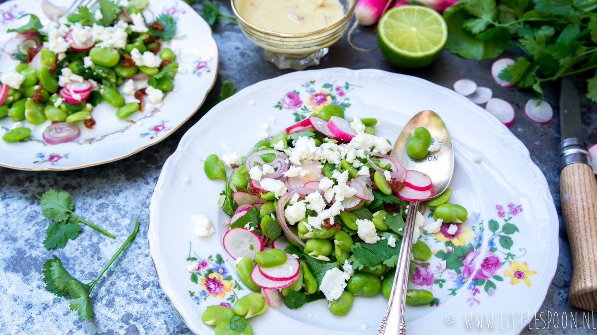 Tuinbonensalade met radijs, feta en tahindressing