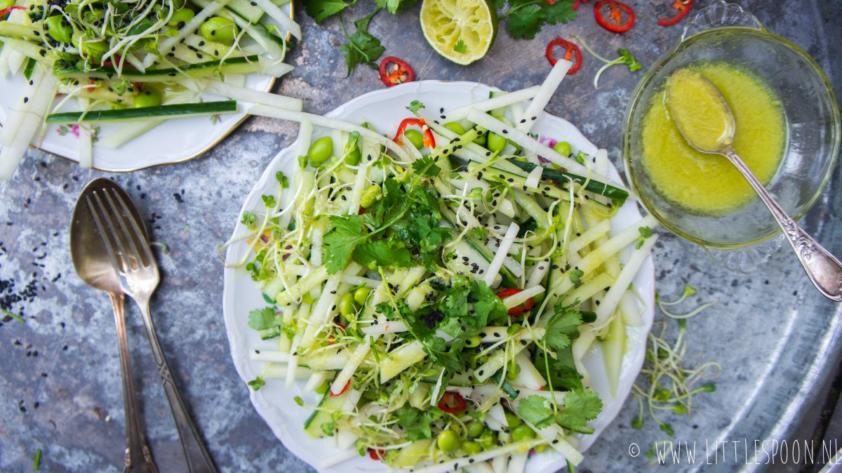 Salade met koolrabi, komkommer, sojaboontjes en wasabidressing