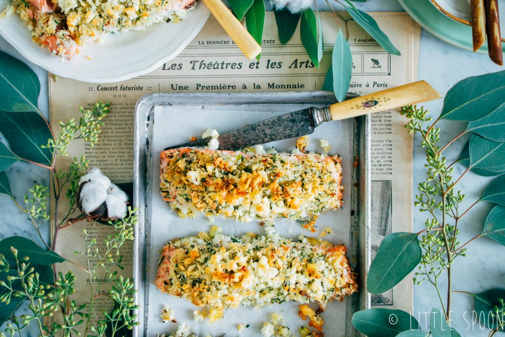 Zalm uit de oven met krokante kruidenkorst & en rode bietensalade