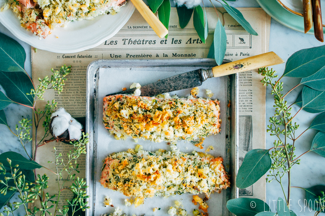 Zalm uit de oven met krokante kruidenkorst & en rode bietensalade